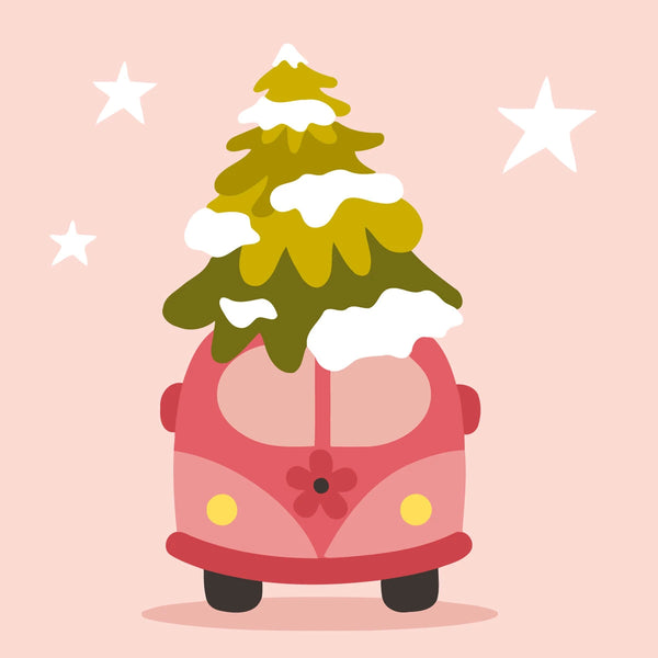Painting of a pink van carrying a snow-covered Christmas tree