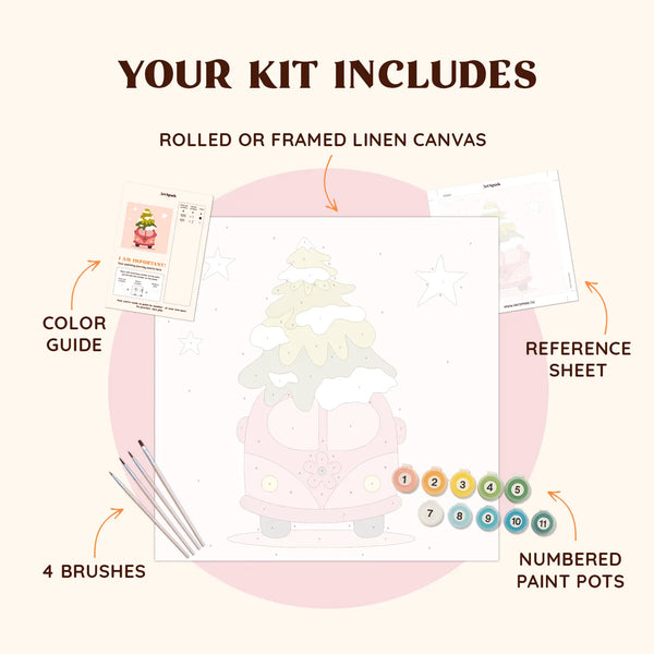 Christmas Van paint by numbers kit including pre-numbered canvas, brushes, and paints for a festive retro van design.