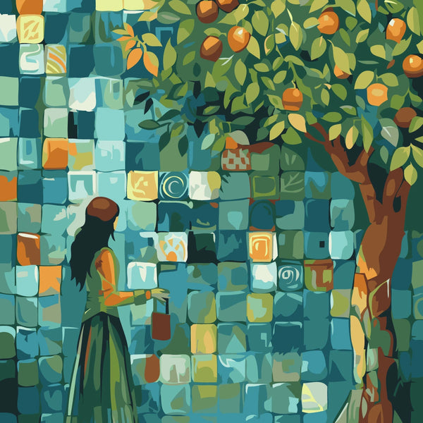 Woman painting a colorful mosaic wall under an orange tree