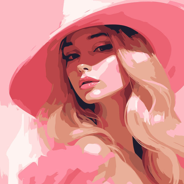 Stylish woman in pink hat and dress with glamorous expression