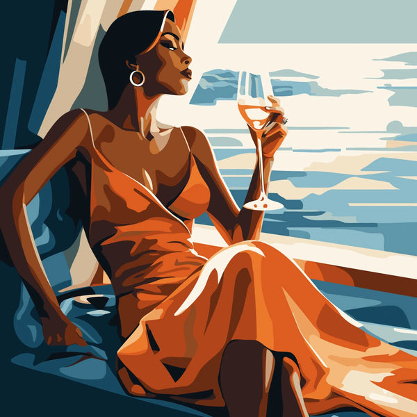 Sophisticated woman in orange dress enjoying wine with ocean view