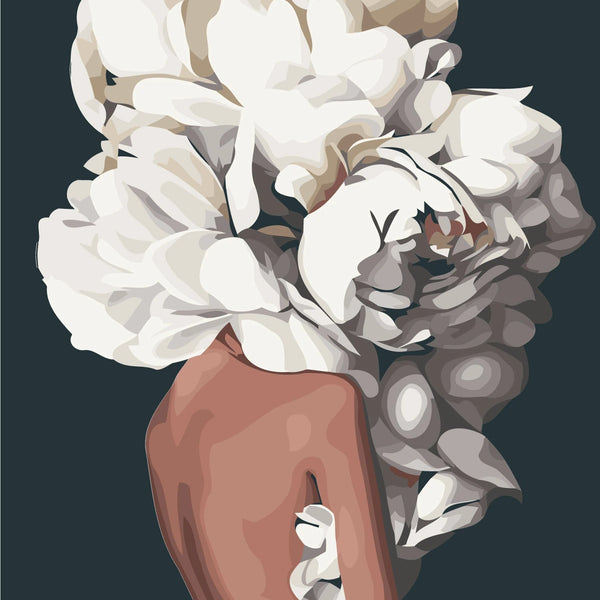 Surreal painting of a woman with large white peonies head