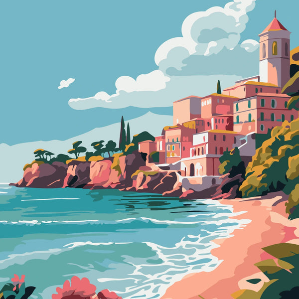 Colorful coastal village with a sandy beach and turquoise sea