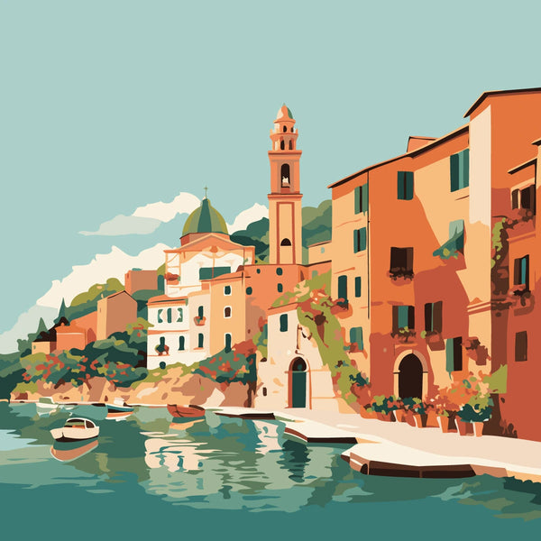 Scenic Mediterranean village with colorful buildings and boats on water