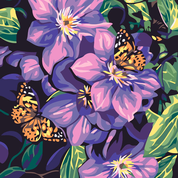 Vibrant purple flowers with orange butterflies and lush green leaves