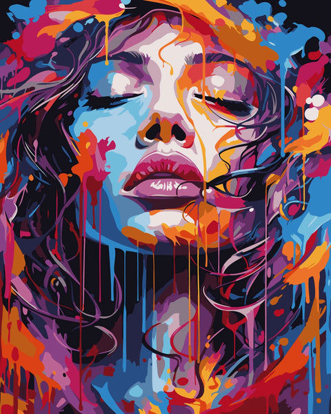 Abstract portrait of a woman with vibrant dripping paint colors