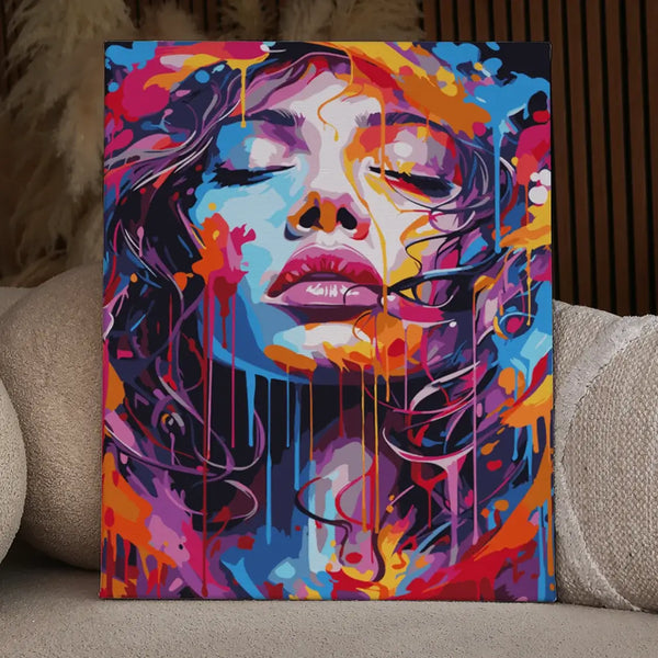 Abstract portrait of a woman with vibrant dripping paint colors