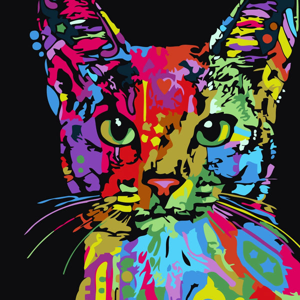 Colorful abstract painting of a cat with vibrant psychedelic patterns