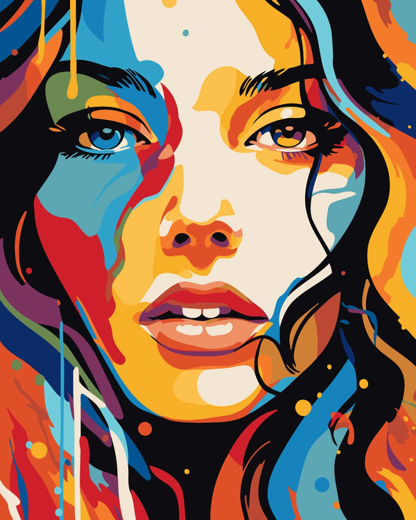 Vibrant abstract portrait of a woman with colorful expressive patterns