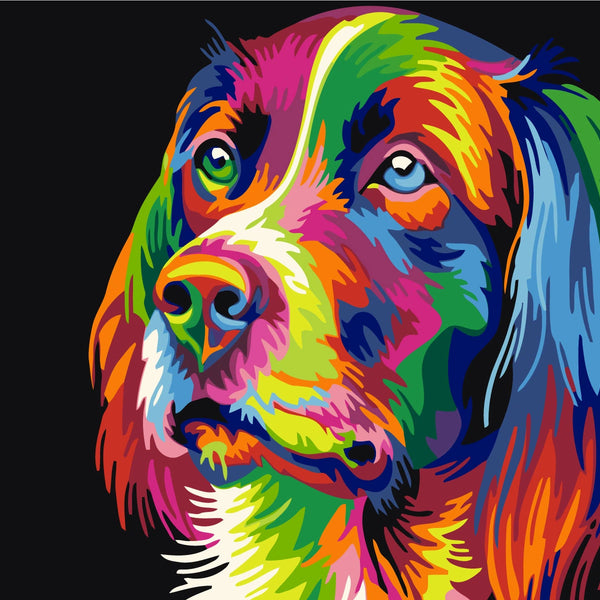 Colorful abstract dog portrait with vibrant hues on black background