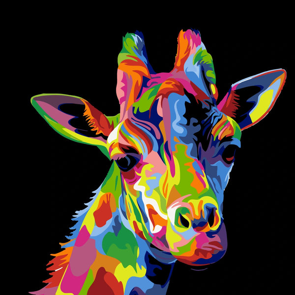 Colorful abstract giraffe painting with vibrant artistic splashes