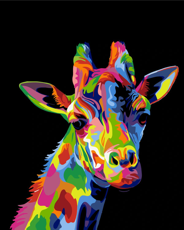 Colorful abstract giraffe painting with vibrant artistic splashes