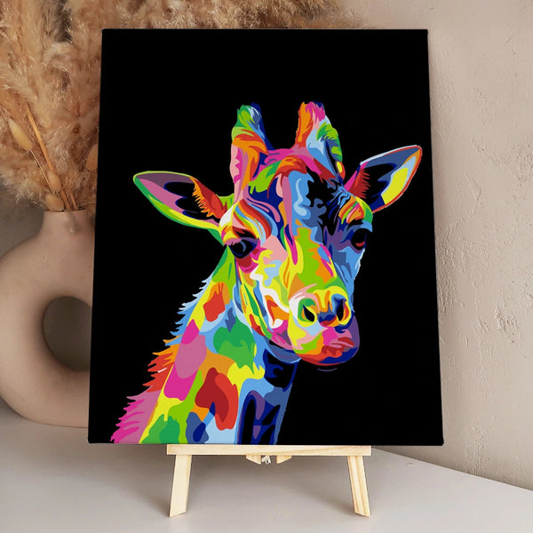 Colorful abstract giraffe painting with vibrant artistic splashes