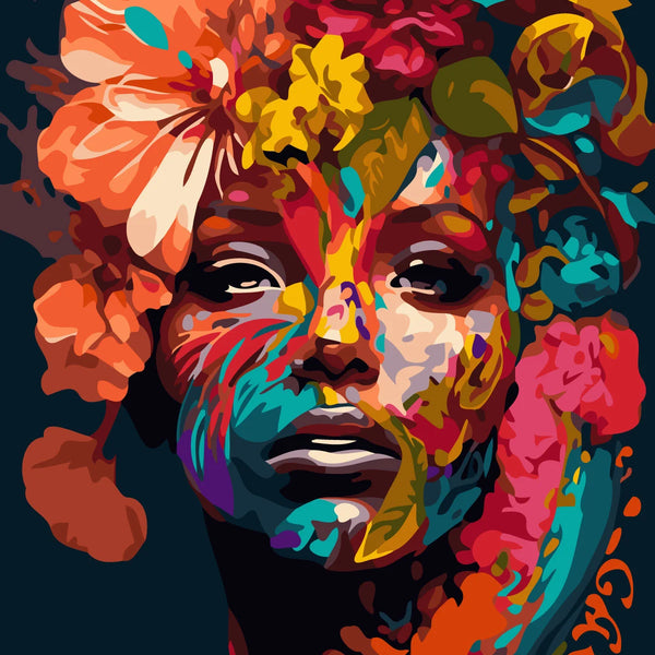 Vibrant abstract portrait of a woman with colorful floral elements