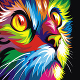 Vibrant abstract painting of a colorful cat's intense gaze