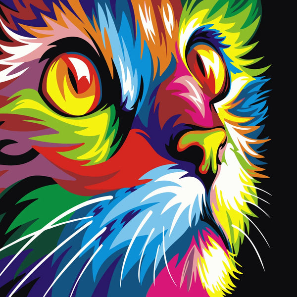Vibrant abstract painting of a colorful cat's intense gaze