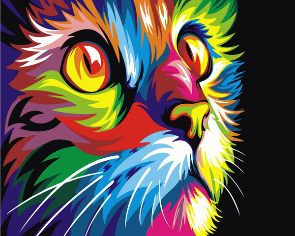 Vibrant abstract painting of a colorful cat's intense gaze