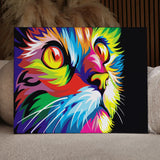 Vibrant abstract painting of a colorful cat's intense gaze