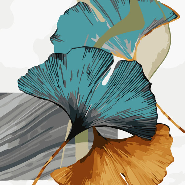 Abstract painting of blue and orange ginkgo leaves with texture