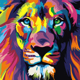 Vibrant multicolored lion painting with bold abstract brushstrokes