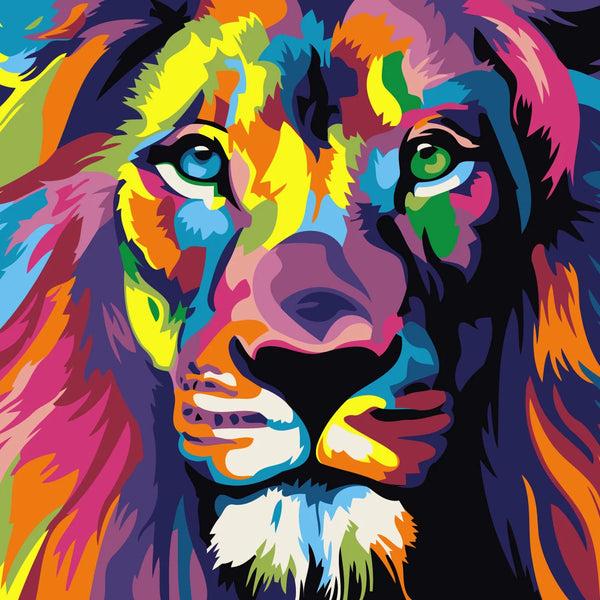 Vibrant multicolored lion painting with bold abstract brushstrokes