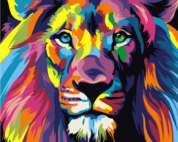 Vibrant multicolored lion painting with bold abstract brushstrokes