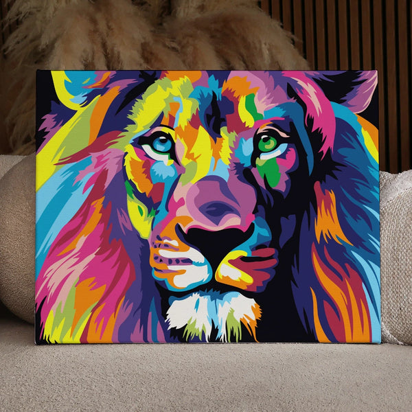 Vibrant multicolored lion painting with bold abstract brushstrokes