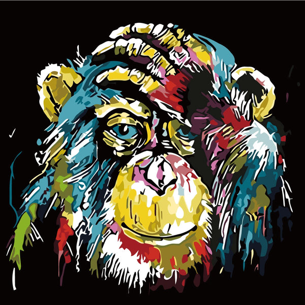 Colorful abstract chimpanzee painting with expressive brush strokes