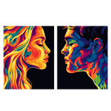 Colorful abstract painting of a man and woman facing each other