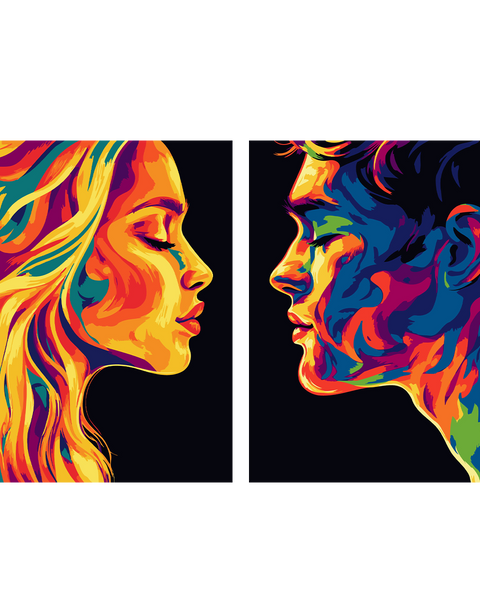 Colorful abstract painting of a man and woman facing each other