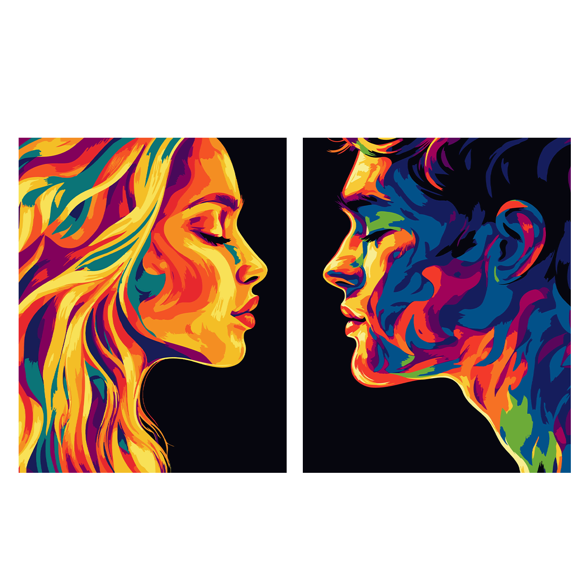 Colorful abstract painting of a man and woman facing each other