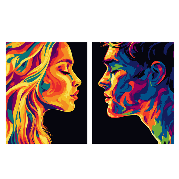 Colorful abstract painting of a man and woman facing each other