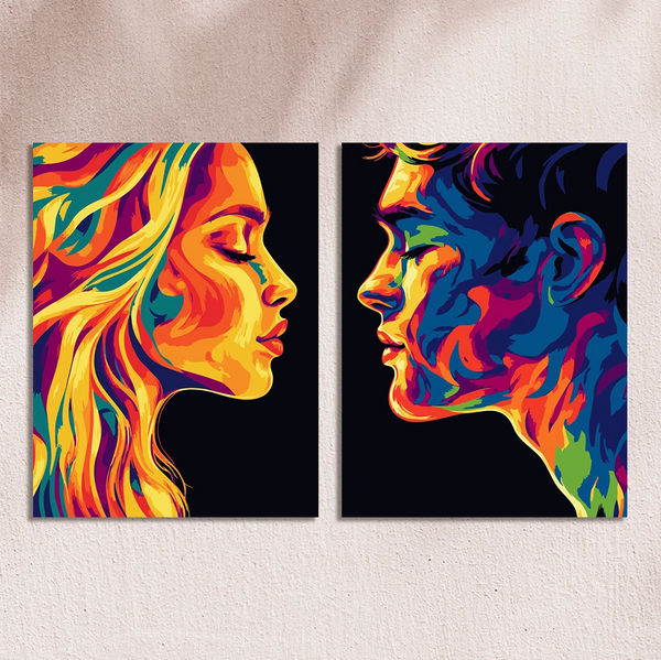 Colorful abstract painting of a man and woman facing each other