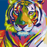Vibrant abstract painting of a colorful tiger's face close-up