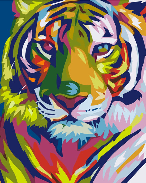 Vibrant abstract painting of a colorful tiger's face close-up