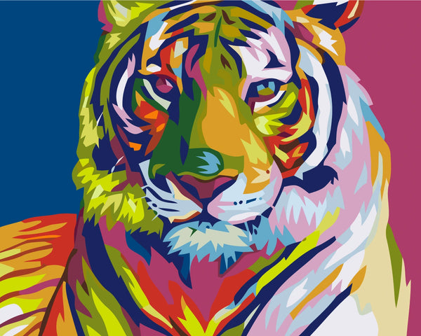 Vibrant abstract painting of a colorful tiger's face close-up