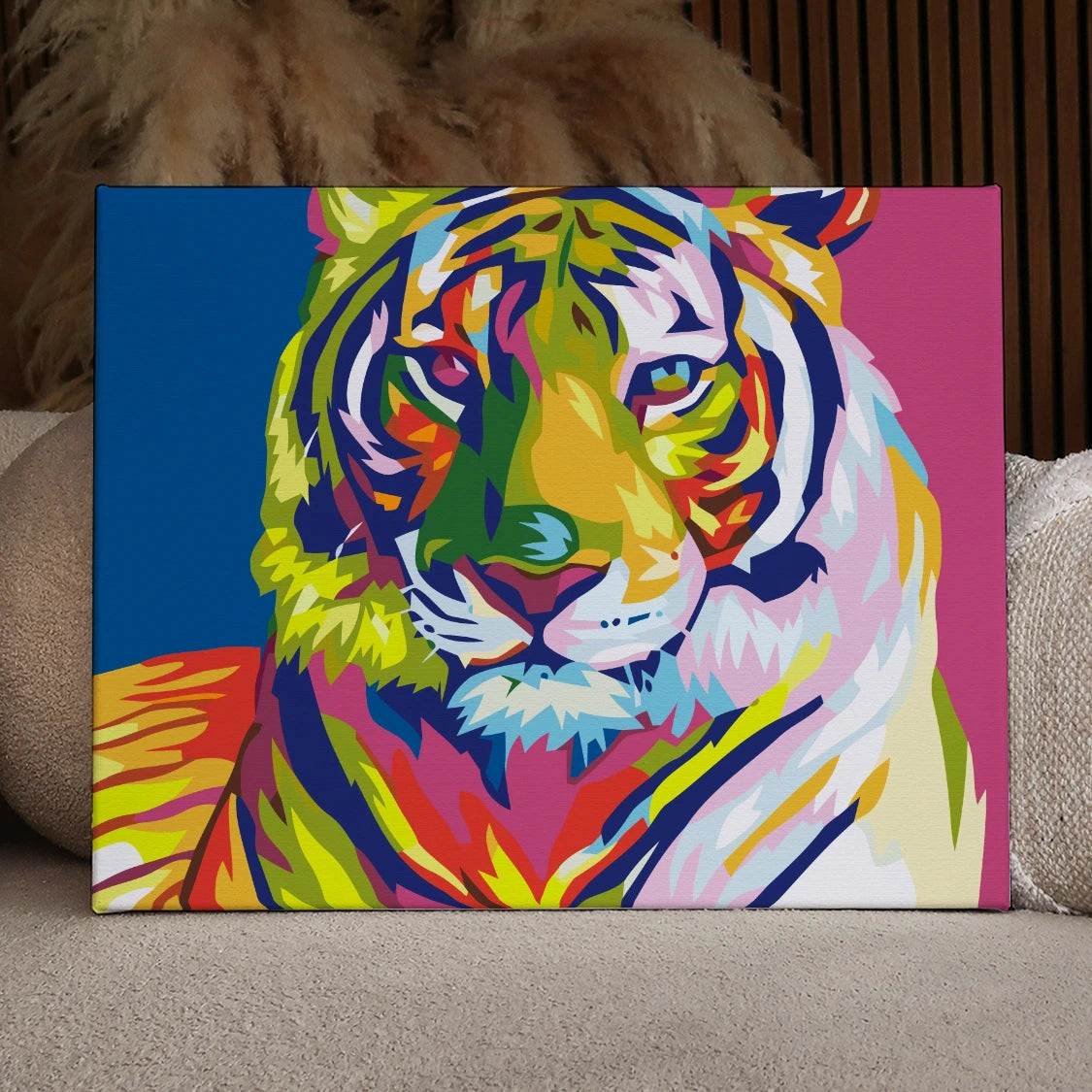 Vibrant abstract painting of a colorful tiger's face close-up