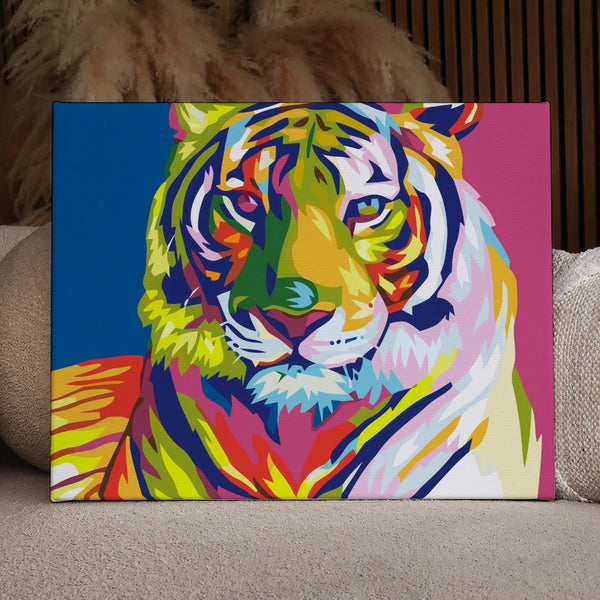 Vibrant abstract painting of a colorful tiger's face close-up
