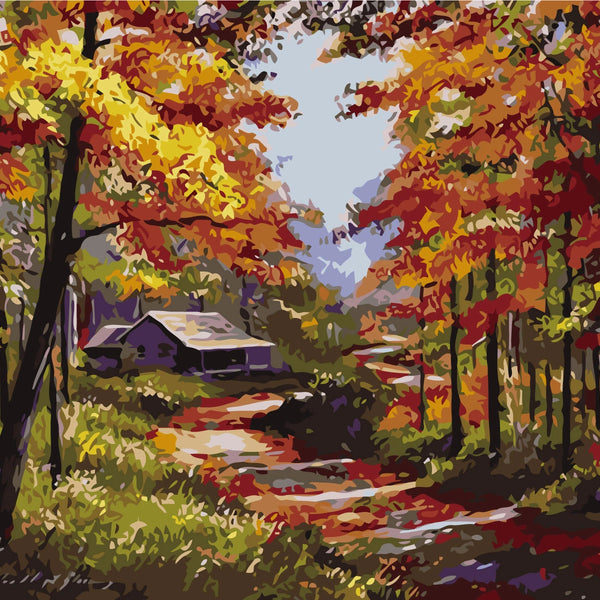 Autumn forest landscape with colorful trees and a cozy cabin