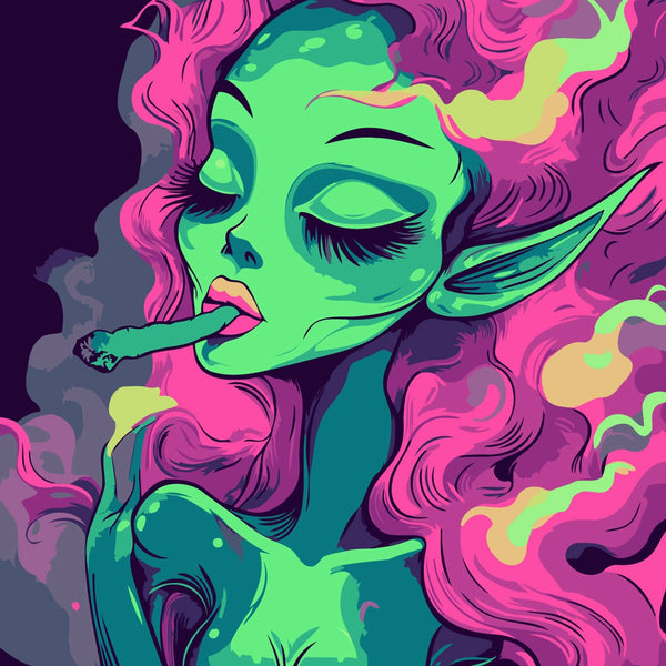 Psychedelic fantasy painting of a green-skinned elf smoking