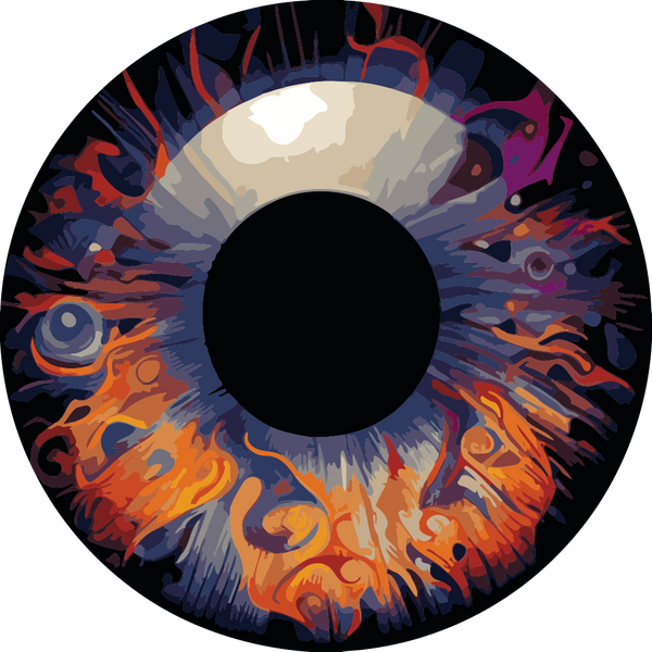 Abstract painting of a human eye with fiery artistic details