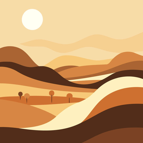 Minimalist landscape painting of rolling desert hills and sun