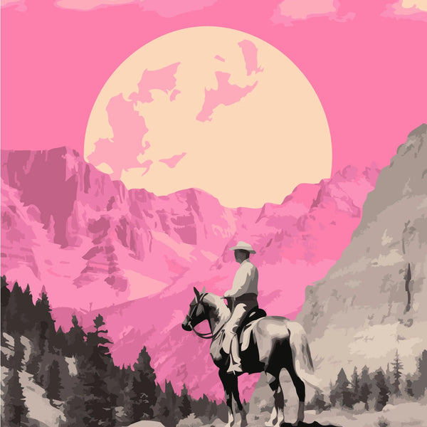 Cowboy on horseback gazing at surreal pink mountain landscape