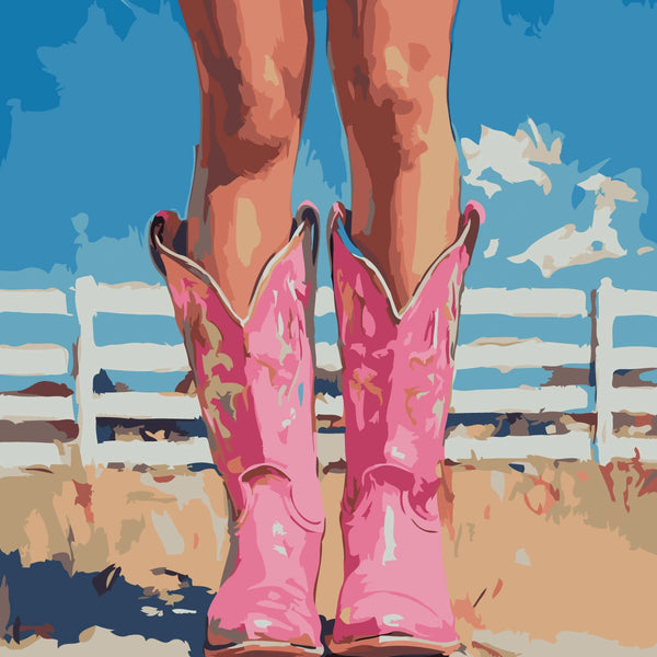 Close-up painting of pink cowboy boots on a ranch background
