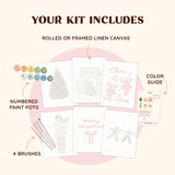 Artspark Cozy Days paint by numbers kit including brushes, numbered paints, and color guide — warm pastel Christmas scenes for relaxing winter creativity.