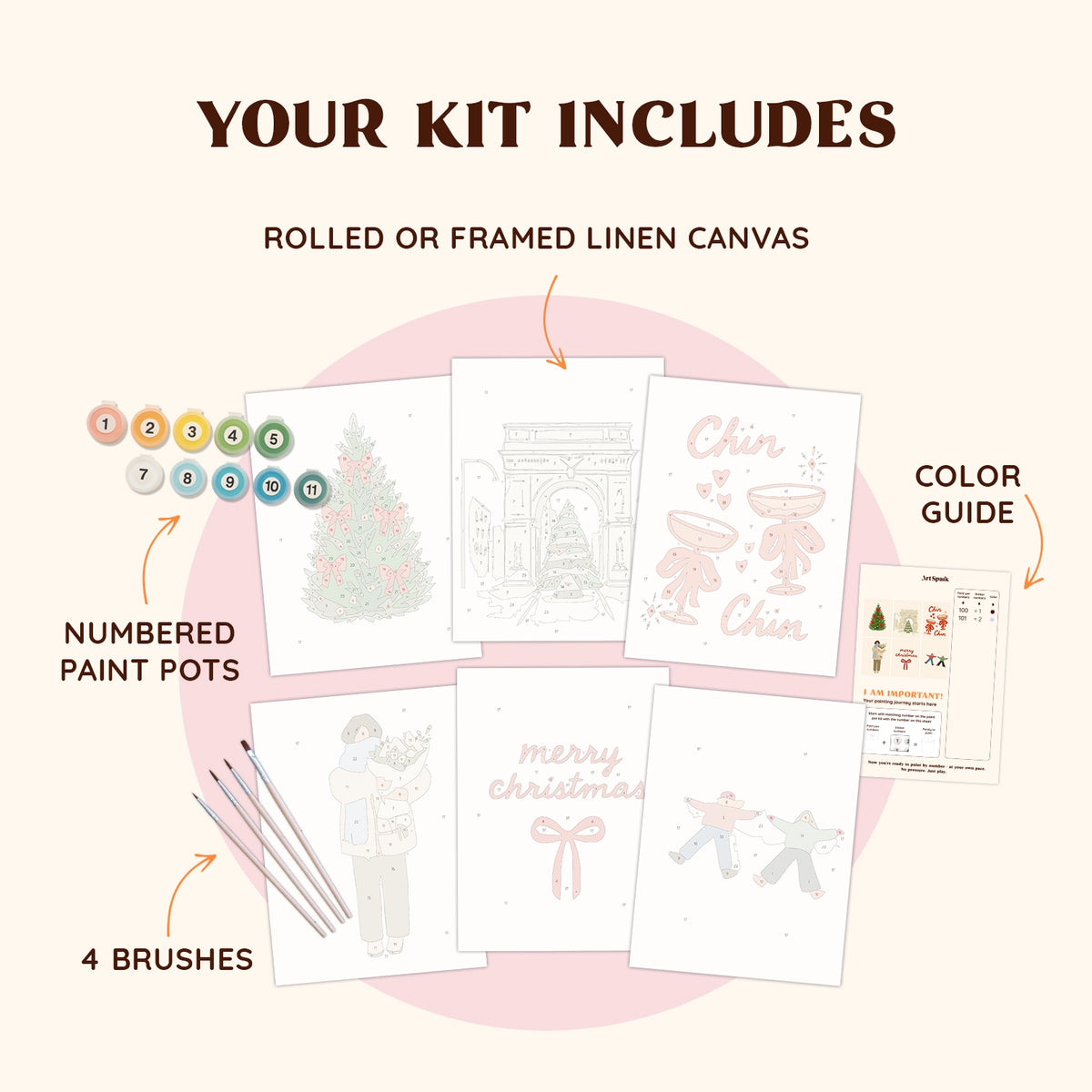 Artspark Cozy Days paint by numbers kit including brushes, numbered paints, and color guide — warm pastel Christmas scenes for relaxing winter creativity.