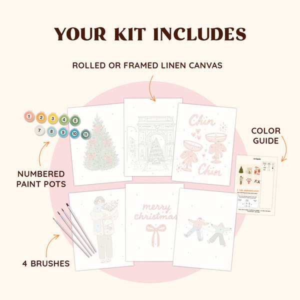 Artspark Cozy Days paint by numbers kit including brushes, numbered paints, and color guide — warm pastel Christmas scenes for relaxing winter creativity.
