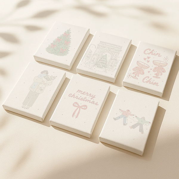 Cozy Days paint by numbers set of 6 mini canvases by Artspark featuring peaceful winter moments — Christmas tree, Paris arch, cozy couple, and holiday cheers ready to paint.