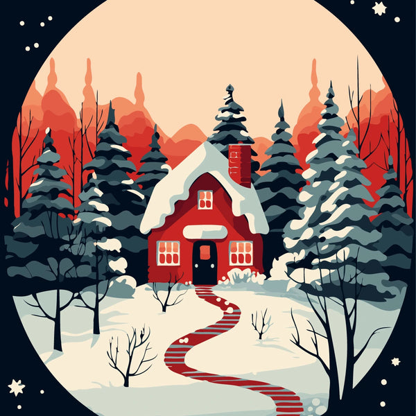 Snowy winter cabin surrounded by pine trees under a glowing moonlit sky