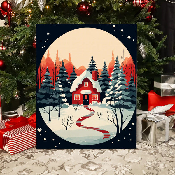 Completed Cozy House paint by numbers artwork showing a red cabin in a snowy forest under the moonlight, perfect for holiday décor.